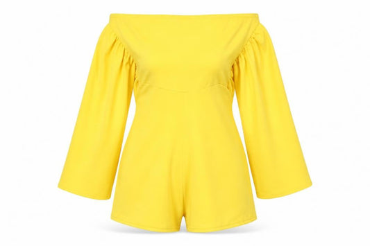 Front view of PRETTYLITTLETHING women’s yellow playsuit one-piece, size UK 6
