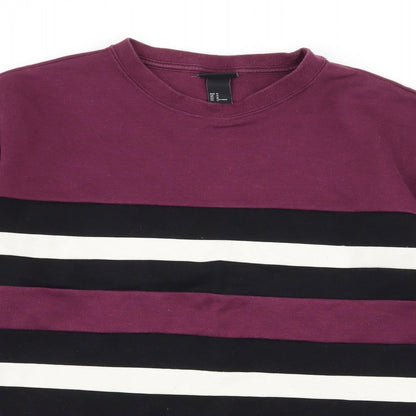 Close-up detail of H&M women’s purple striped jersey pullover sweatshirt, size M