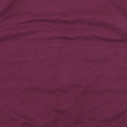 Brand and care label for H&M women’s purple striped jersey pullover sweatshirt, size M