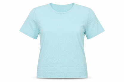 Front view of Preworn women’s blue knit basic t-shirt, size UK 14