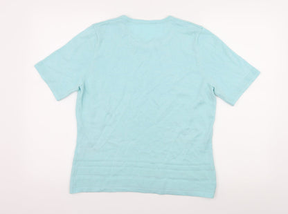 Back view of Preworn women’s blue knit basic t-shirt, size UK 14