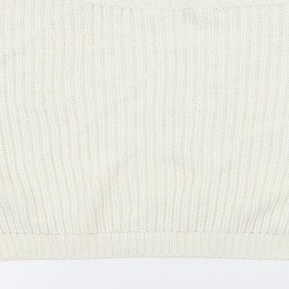 Brand and care label for PRETTYLITTLETHING women’s white knit jumper, size S