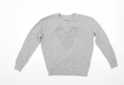 Front view of Disney women’s grey pullover sweatshirt, size XS, - mickey mouse