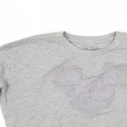 Close-up detail of Disney women’s grey pullover sweatshirt, size XS, - mickey mouse