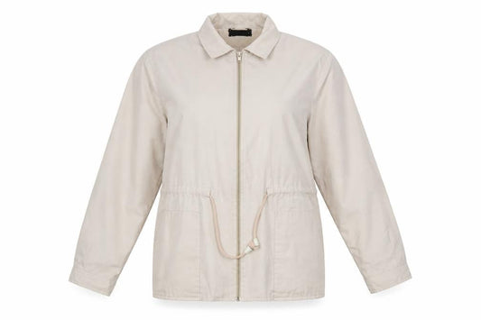 Front view of Preworn women’s beige jacket coat, size UK 12