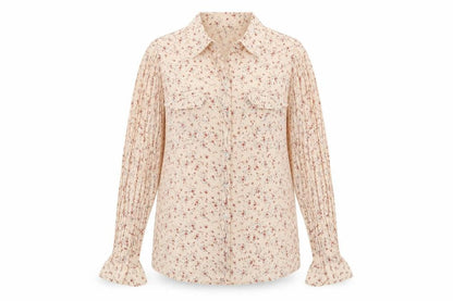 Front view of Denim CO women’s pink floral basic button-up, size UK 10