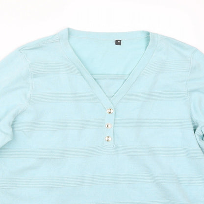 Close-up detail of Preworn women’s blue basic t-shirt, size M