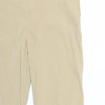 Close-up detail of P women’s beige trousers, size UK 16, 32-inch leg