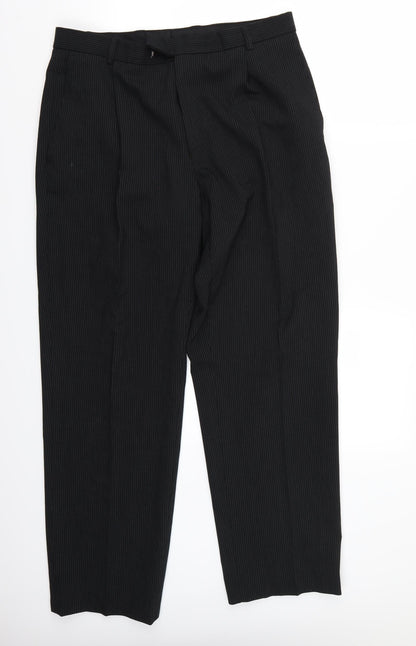 Additional front view of Next women’s black striped trousers, size UK 34, 31-inch leg