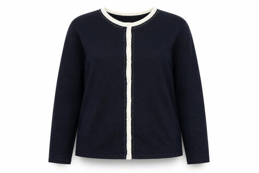 Front view of Vintage women’s blue cardigan jumper, size M