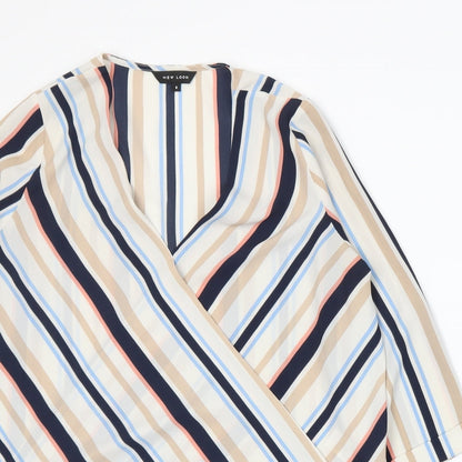 Close-up detail of New Look women’s multicoloured striped basic blouse, size UK 8