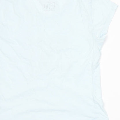 Brand and care label for Peacocks women’s blue basic t-shirt, size UK 12