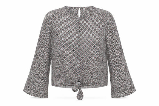 Front view of Preworn women’s black geometric tunic blouse, size UK 12