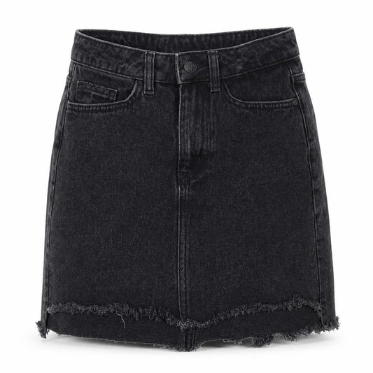 Front view of New Look women’s grey denim a-line skirt, size UK 6