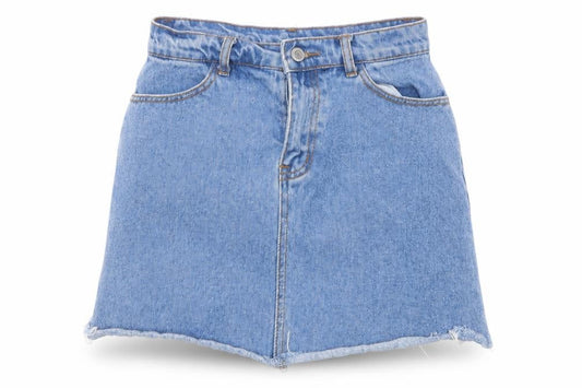 Front view of Preworn women’s blue denim mini skirt, size UK 26, in