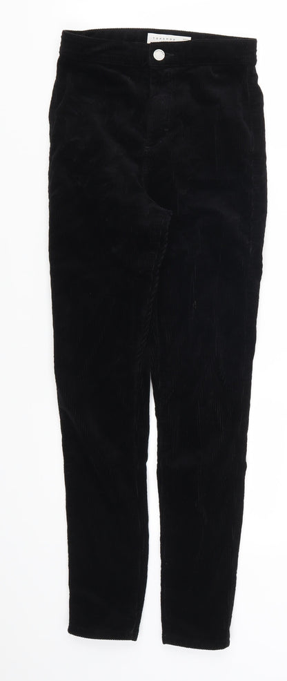 Additional front view of Topshop women’s black corduroy trousers, size UK 25, in, 25-inch leg