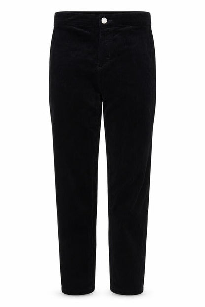 Front view of Topshop women’s black corduroy trousers, size UK 25, in, 25-inch leg