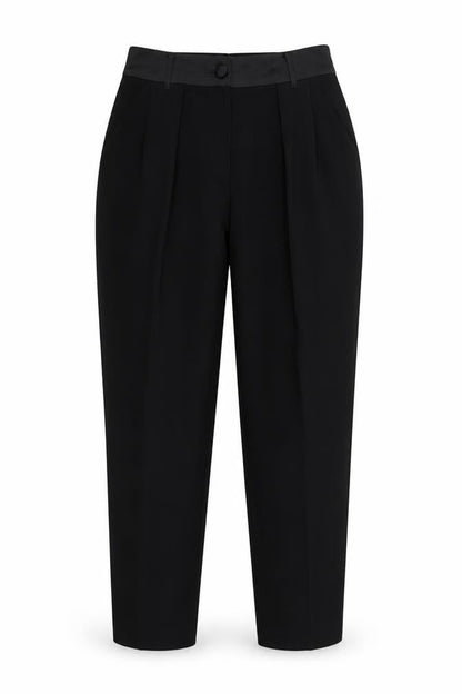 Front view of River Island women’s black rayon trousers, size UK 8, 26-inch leg