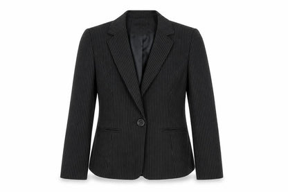 Front view of Papaya women’s black striped jacket suit jacket, size UK 12