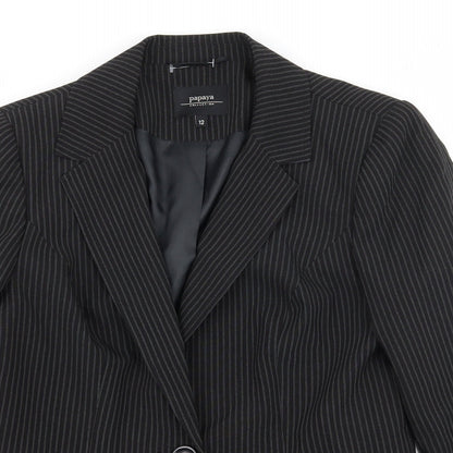 Close-up detail of Papaya women’s black striped jacket suit jacket, size UK 12