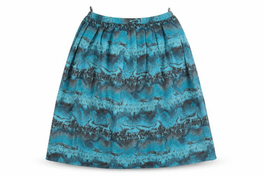 Front view of Rothmar women’s blue flare skirt, size UK 36, in - abstract design