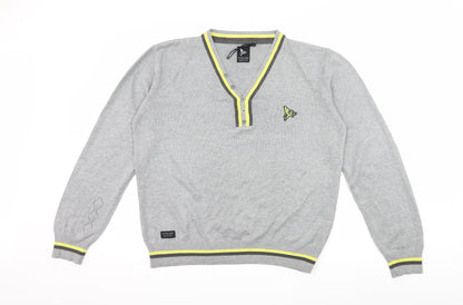 Front view of Henleys men’s grey striped knit jumper, size M