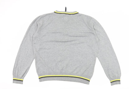 Back view of Henleys men’s grey striped knit jumper, size M