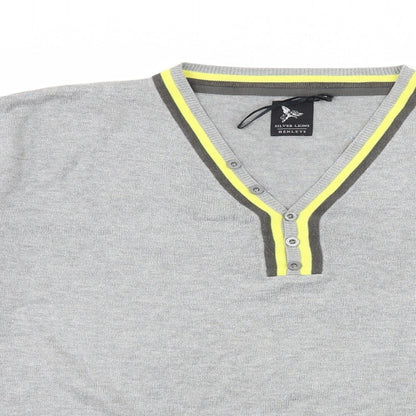 Close-up detail of Henleys men’s grey striped knit jumper, size M
