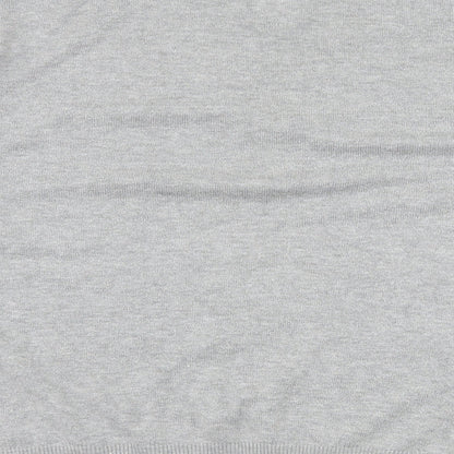 Brand and care label for Henleys men’s grey striped knit jumper, size M