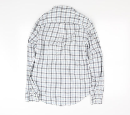 Back view of River Island women’s blue check basic button-up, size UK 2
