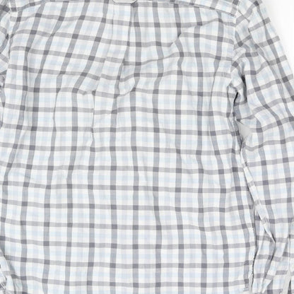 Brand and care label for River Island women’s blue check basic button-up, size UK 2
