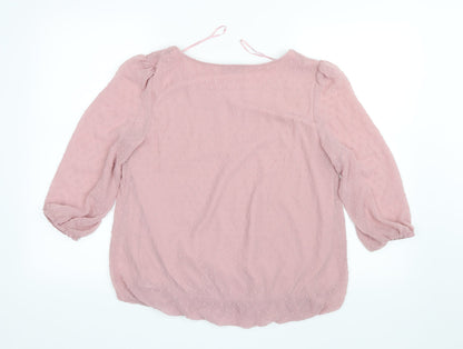 Back view of Soon women’s pink mesh basic blouse, size UK 8, - elastic sleeves and bottom