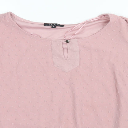 Close-up detail of Soon women’s pink mesh basic blouse, size UK 8, - elastic sleeves and bottom
