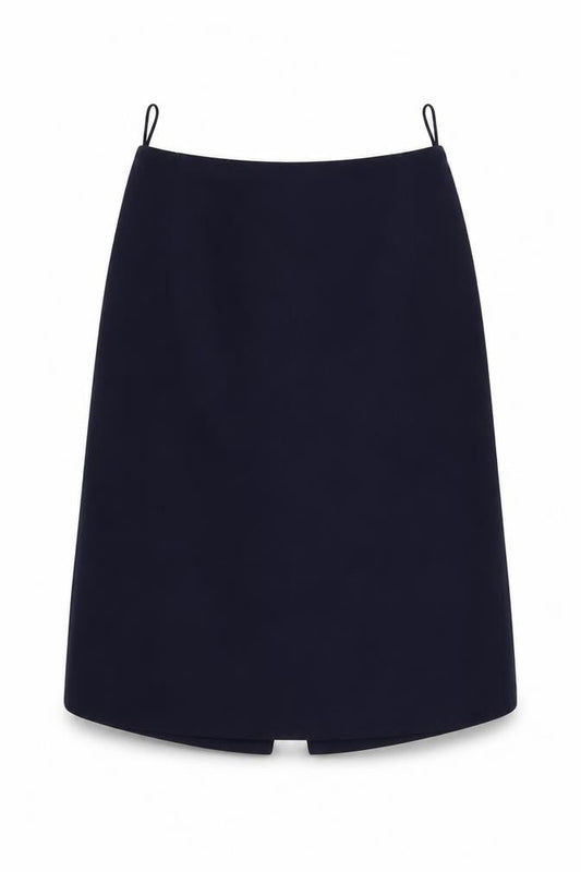 Front view of Preworn women’s blue a-line skirt, size UK 28, in