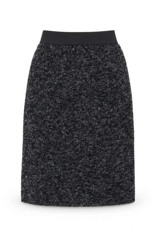 Front view of Preworn women’s black a-line skirt, size UK 25, in