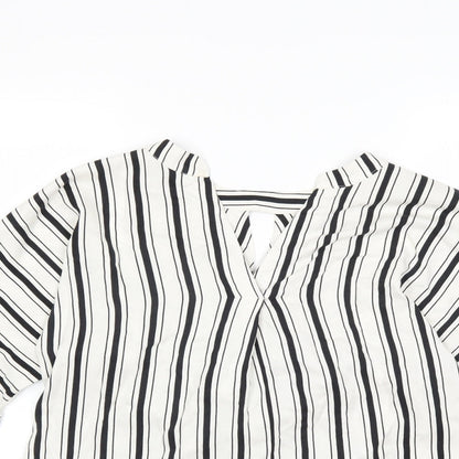Close-up detail of River Island women’s white striped basic blouse, size UK 10