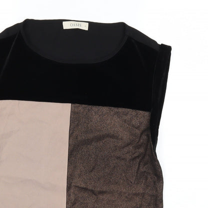 Close-up detail of Oasis women’s black basic t-shirt, size UK 8