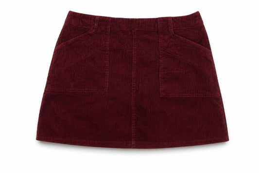 Front view of BDG women’s red corduroy mini skirt, size M