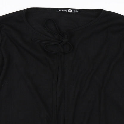 Close-up detail of Boohoo women’s black cardigan jumper, size UK 12