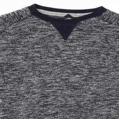 Close-up detail of Easy men’s blue pullover sweatshirt, size S
