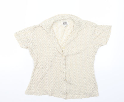 Additional front view of Nouveau Edition women’s beige basic button-up, size M