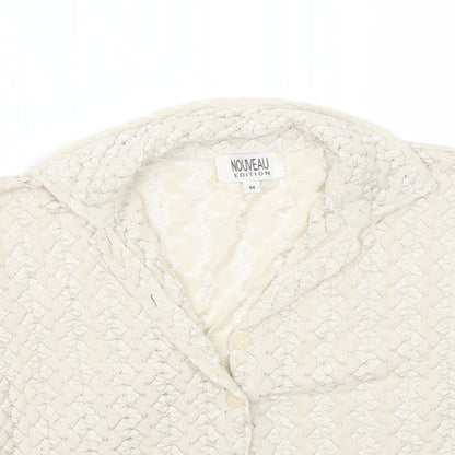 Close-up detail of Nouveau Edition women’s beige basic button-up, size M