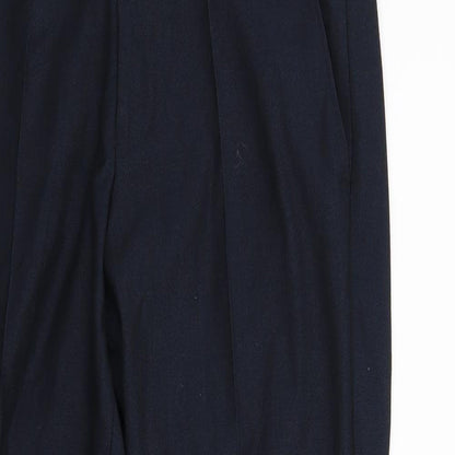 Close-up detail of Preworn women’s blue trousers, size UK 30, 30-inch leg
