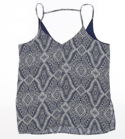 Back view of H&M women’s blue geometric basic tank, size UK 12