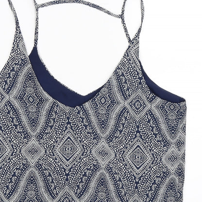 Close-up detail of H&M women’s blue geometric basic tank, size UK 12