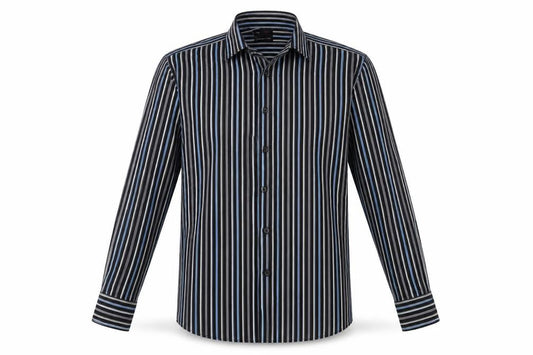 Front view of Red Herring men’s black striped button-up, size 15.5