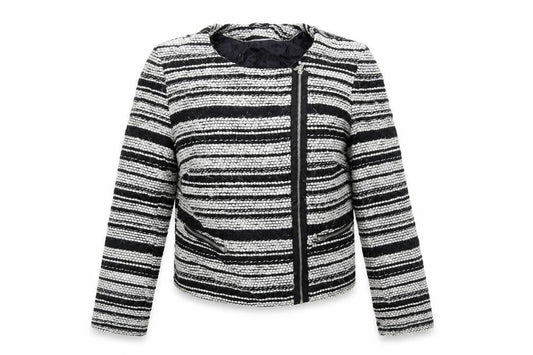 Front view of M&Co women’s black striped jacket coat, size UK 14