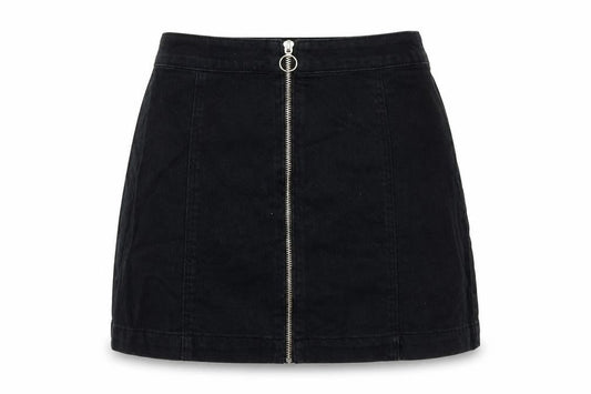 Front view of Divided by H&M women’s black denim a-line skirt, size UK 8