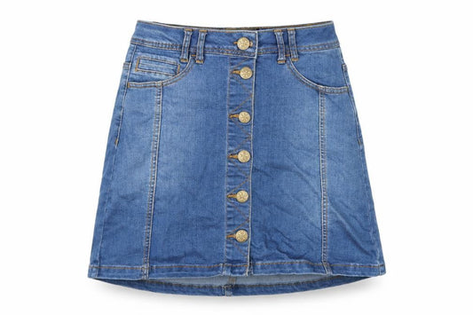 Front view of Yes Yes women’s blue denim a-line skirt, size UK 8