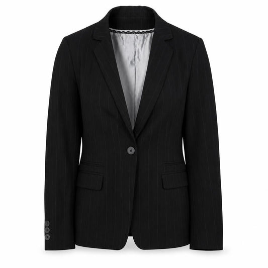 Front view of Marks & Spencer women’s black pinstripe jacket suit jacket, size UK 12